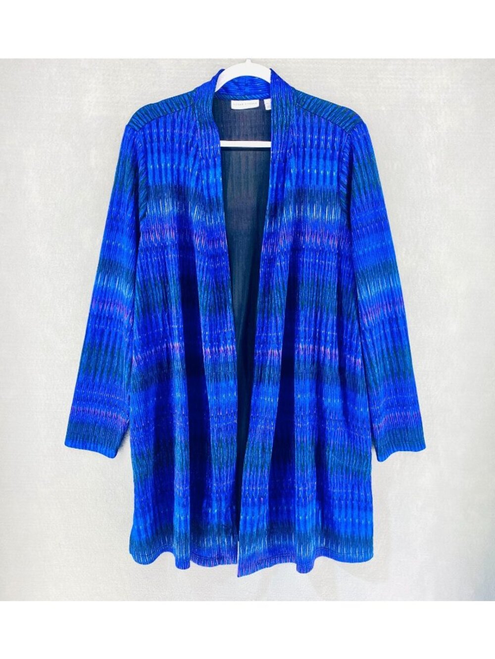 Susan Graver Liquid Knit Sweate XL Purple Blue Stretch Abstract Open Cardigan